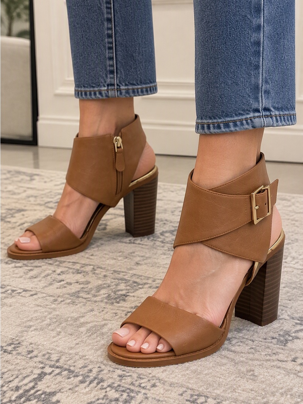 Kenneth Cole Leather Block Heel Sandals Cognac Brown Size 9